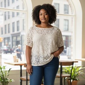 LOFT Cream Lace Short Sleeve Scoop Neck Top